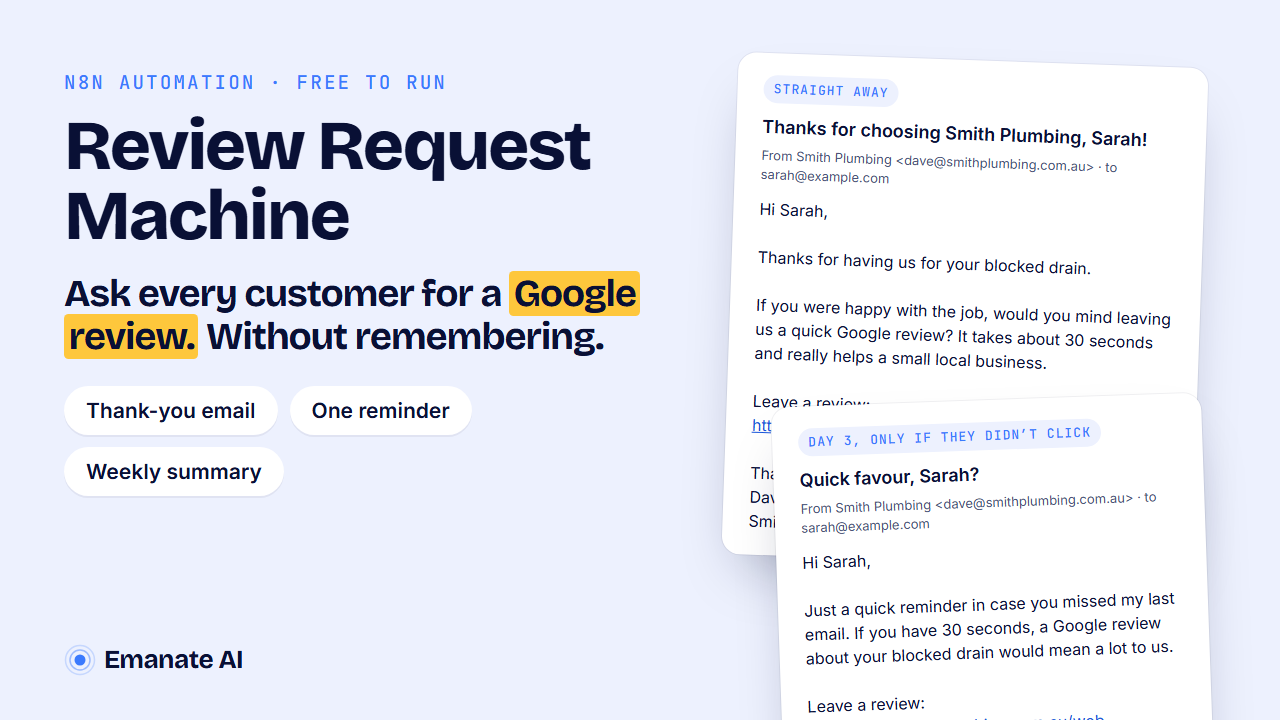 Review Request Machine: a thank-you email with a Google review link, and the one reminder
